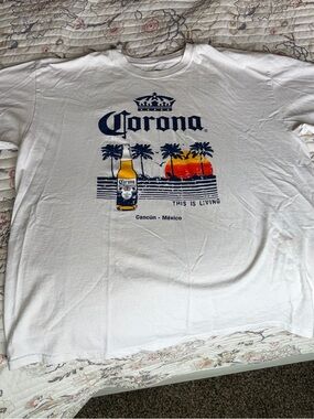 Corona White Tee with Navy Print and Yellow Bottle Accent